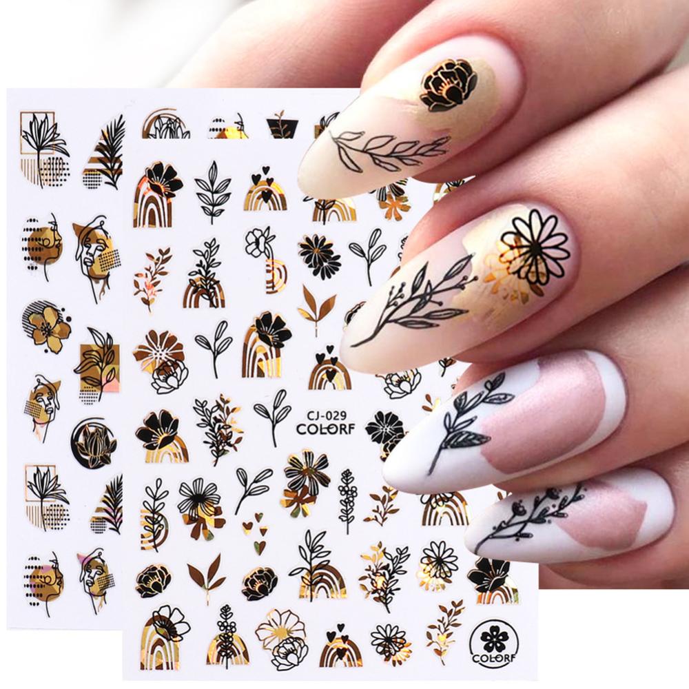 Timekey Stiker Kuku Motif Hewan / Tanaman / Bunga Warna Hitam Bronzing Untuk Dekorasi Nail Art / Manicure A2K1