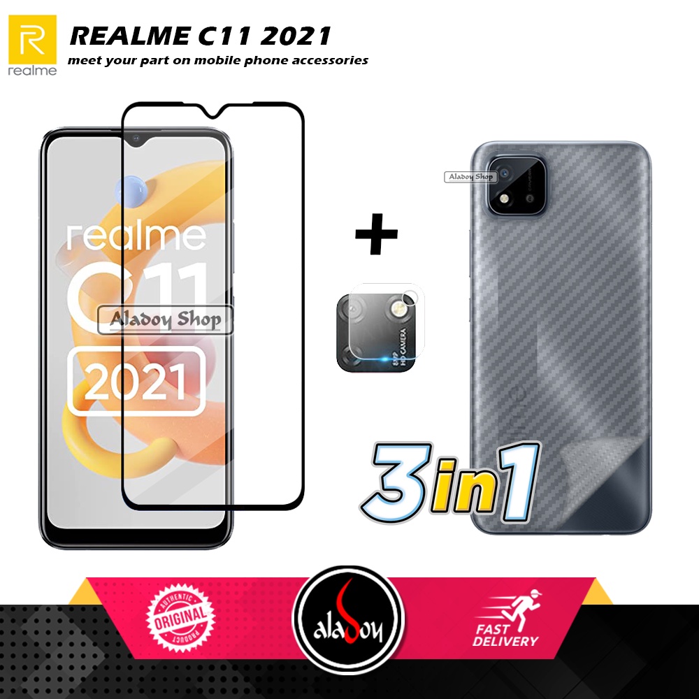 PAKET 3 IN 1 Tempered Glass Layar Realme C11 2021 Free Tempered Glass Camera dan Skin Carbon