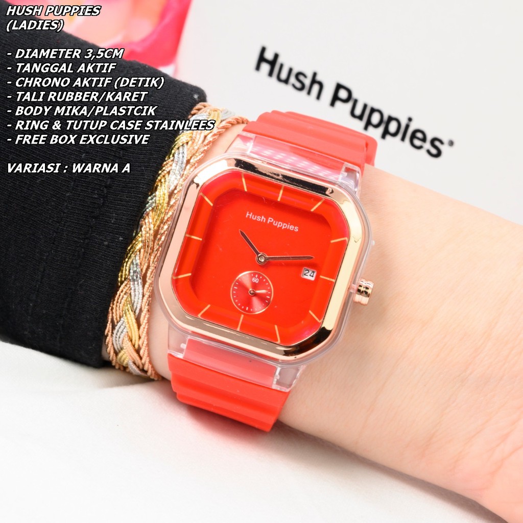 JAM TANGAN WANITA HUSH PUPPIES TALI RUBBER BODY SEGI TANGGAL &amp; CHRONO AKTIF