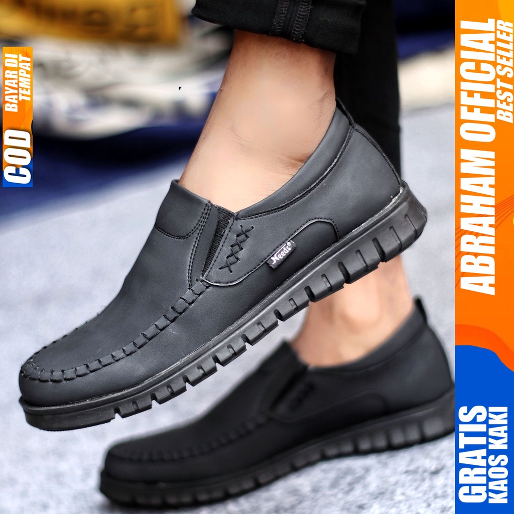 Sepatu Kasual Pria Casual Formal Slip On Kulit Pu Kerja Hitam Coklat BLENO ABRAHAM