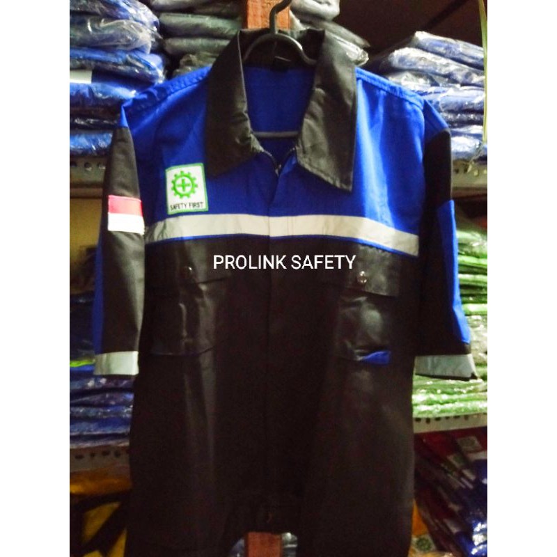 SERAGAM SAFETY LENGAN PENDEK BIRU HITAM RESLETING FREE LOGO K3 BENDERA