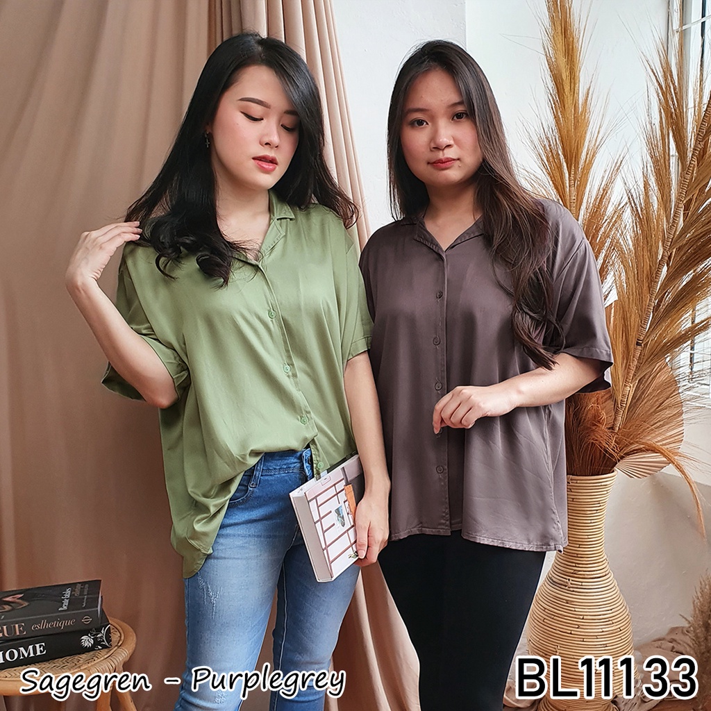 Kemeja wanita Rayon motif kemeja wanita lengan pendek casual BL11133 11133-SAGEGREEN (POLOS)