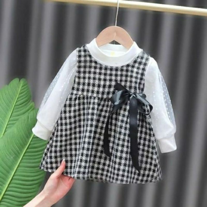 Dress Kotak Lengan Balon Combi Tile Gliter Usia 4-5Tahun