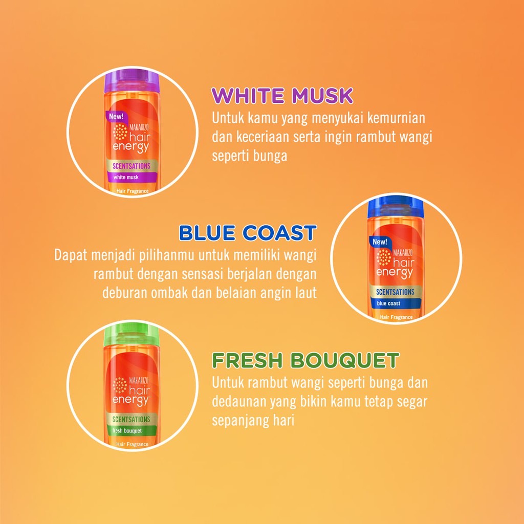 MAKARIZO Hair Energy Scentsations Fresh Bouquet Indonesia / Hair Fragrance 30ml 100ml / ScenTech-F UV Protection Vitamin / Parfum Rambut Parfume Spray Mist Minyak Wangi Pewangi Body Badan / Morning Dew Ocean Breeze Cherry Blossoms White Musk Blue Coast