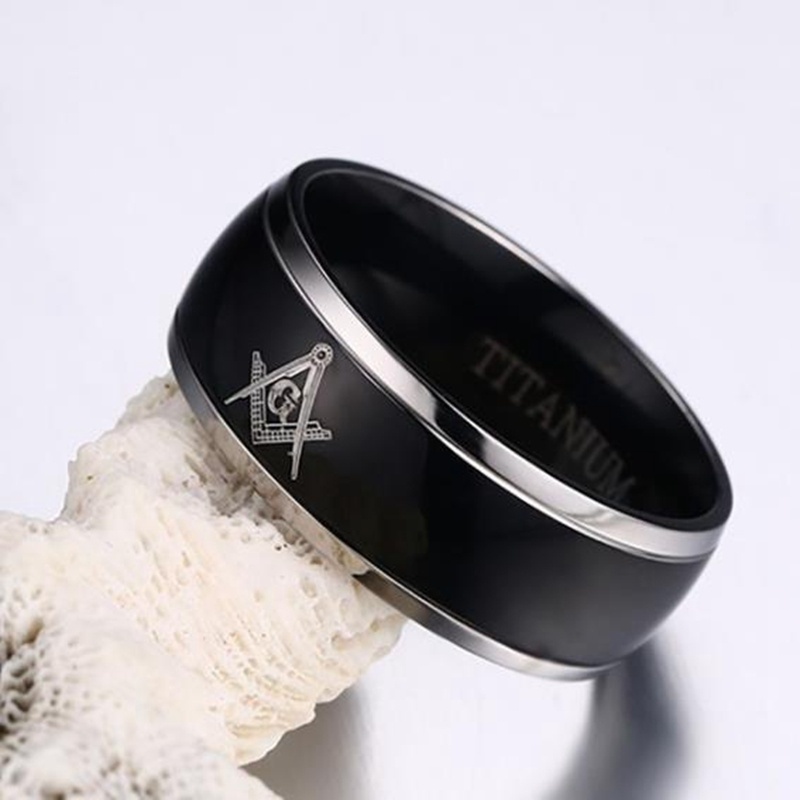 Cincin Masonic Kasual Bahan Stainless Steel Warna Hitam Ukuran 8mm Untuk Pria