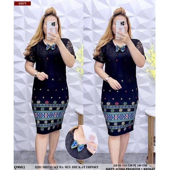 dress scuba lengan pendek motif ulos kombinasi brokat rompi nyatu resleting belakang l xl