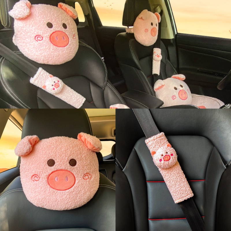 Bantal Penyangga Kepala Jok Mobil Sarung Safety Belt BABI PIGGY BLUDRU Car Headrest