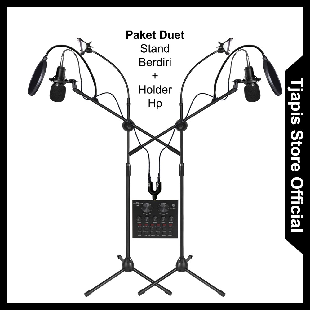 PAKET KOMPLIT MIC CONDENSER DUET STAND BERDIRI BM 800 BM 8000 ORIGINAL TAFFSTUDIO + SOUNDCARD V8