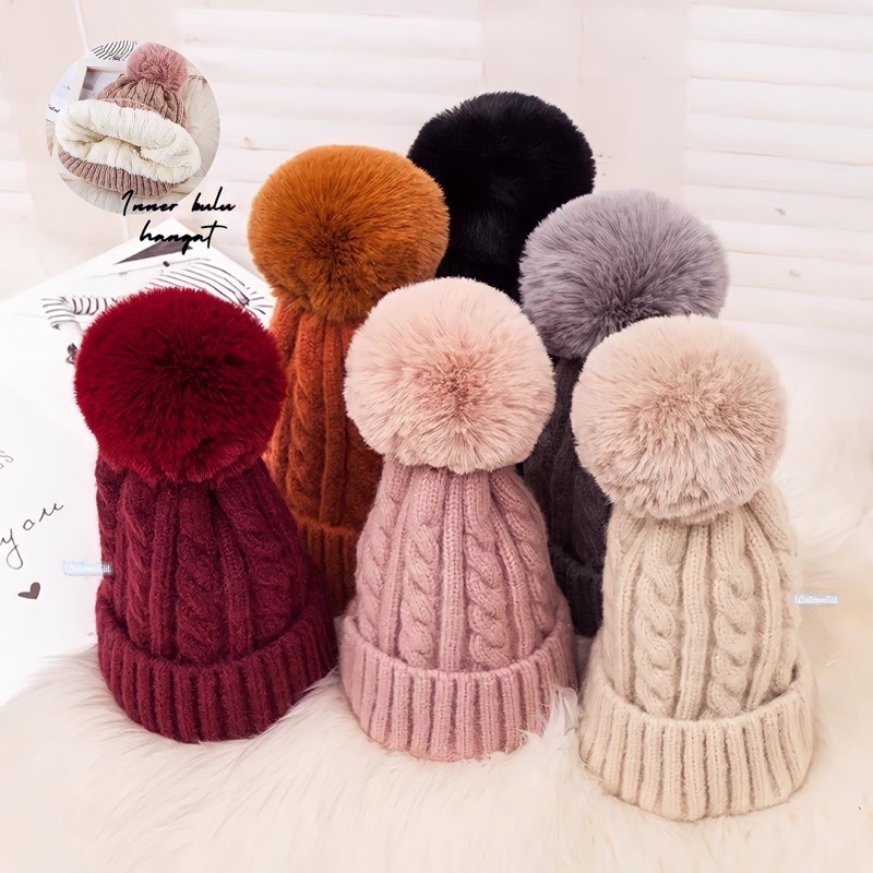 Beanie hat winter wanita topi kupluk pompom adjustable rajut wool tebal hangat musim dingin bromo unisex