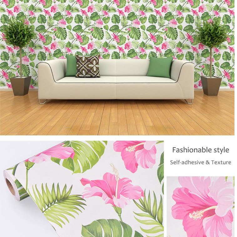 Wallpaper Dinding Motif MONSTERA BUNGA PINK HIJAU