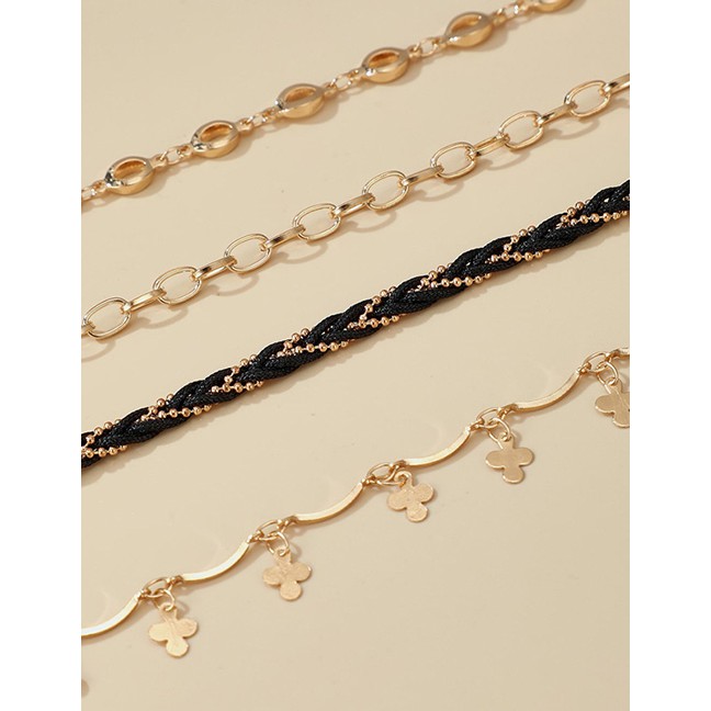 LRC Gelang Kaki Fashion Golden Thick Chain Flower Cord Braided Multilayer Anklet P06602