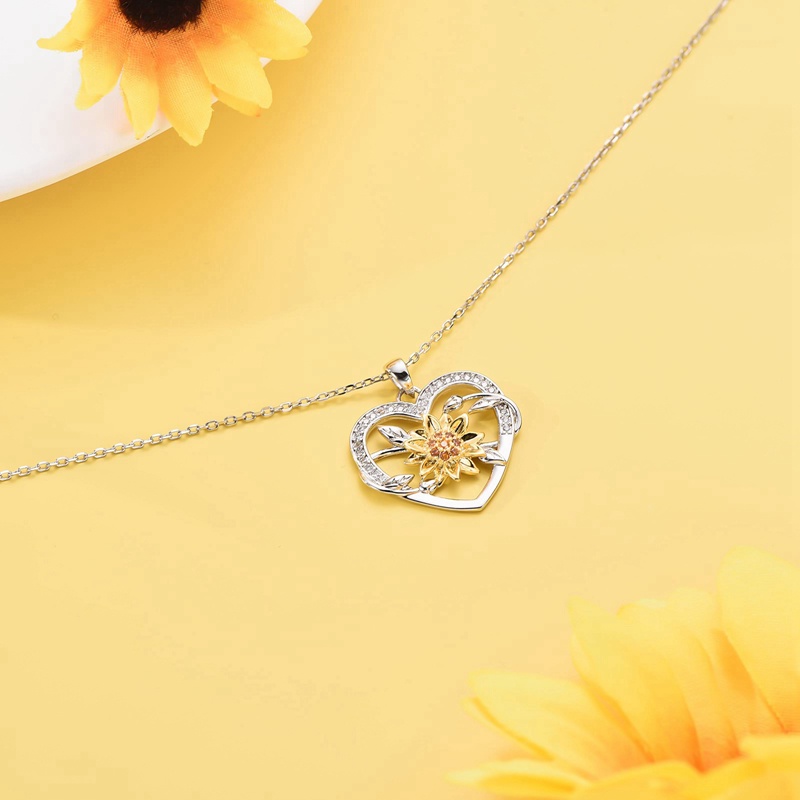 Kalung Desain Bunga Matahari Hati Bahan S925 Sterling Silver Untuk Wanita