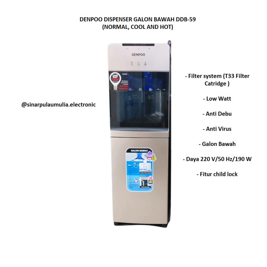 Denpoo Dispenser Bottom Loading Galon Bawah Stainless Low Watt - DDB59 / DDB-59 / DDB 59