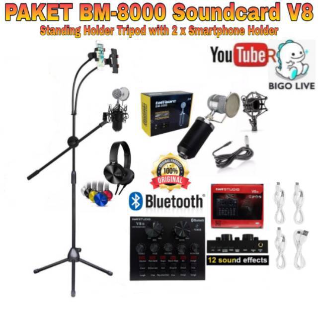 Paket Komplit Mic BM8000 Soundcard V8 Stand Berdiri Standing Holder Tripod with 2 x phone Holder