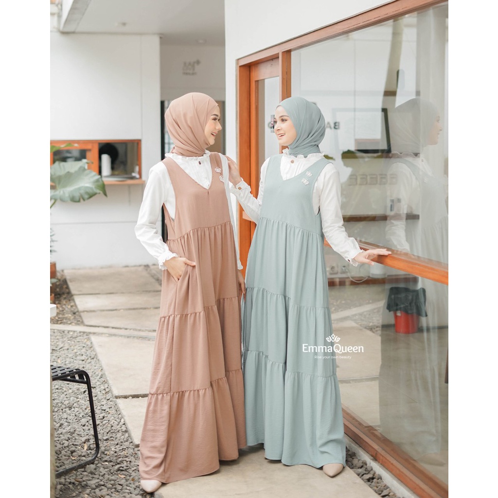 Set Fayola by EmmaQueen | Baju Muslim Gamis Dress Overall Banyak Warna Bahan Crinkle Airflow Model K