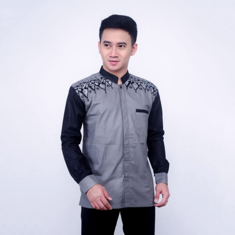 Baju Koko Dewasa Lengan Panjang Modern Motif Abstrak Ujung Lengan Berkancing Bahan Katun Oil