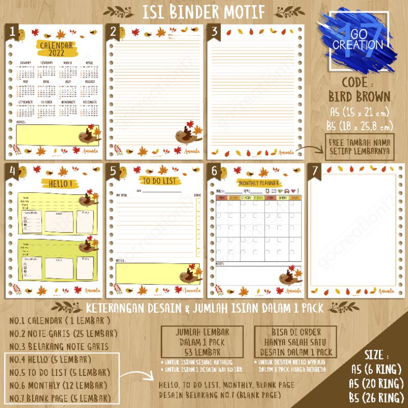 

Buku Planner isi Kertas Binder Motif Bird Brown 01 Premium A5 ring 20 dan A5 ring 6
