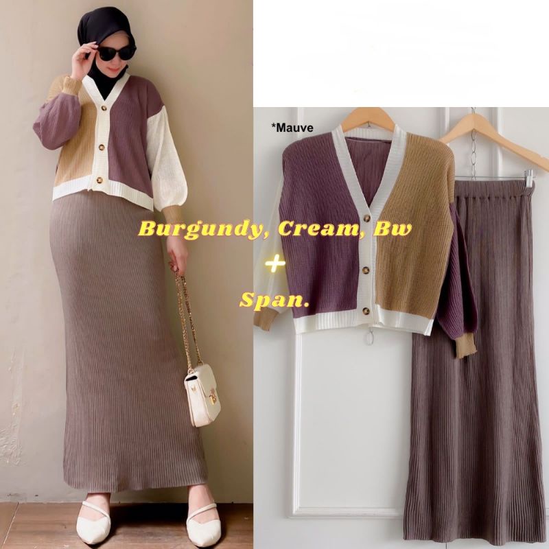 Yena One Set Cardigan 3tone + Rok Rajut span, Setelan wanita baju rajut premium, rok knit, daily outfit, outfit rajut