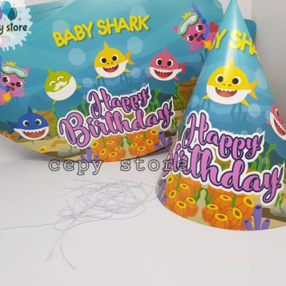 LWN Topi Ulang Tahun Kerucut Baby Shark / Topi Pesta Karakter Baby Shark Model Baru