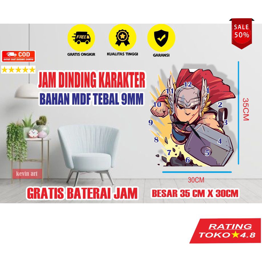 JAM DINDING KAYU UNIK ANGKA BESAR KARAKTER MARVEL THOR MURAH DEKORASI DINGDING KAMAR ANAK COWO KOLEKSI HADIAH KADO ULANG TAHUN LUCU KEREN TEBAL MURAH TEMPEL TEMBOK
