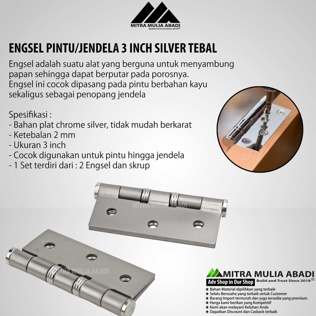 Engsel Pintu Silver l Jendela TEBAL 3 inch l Stainless Steel