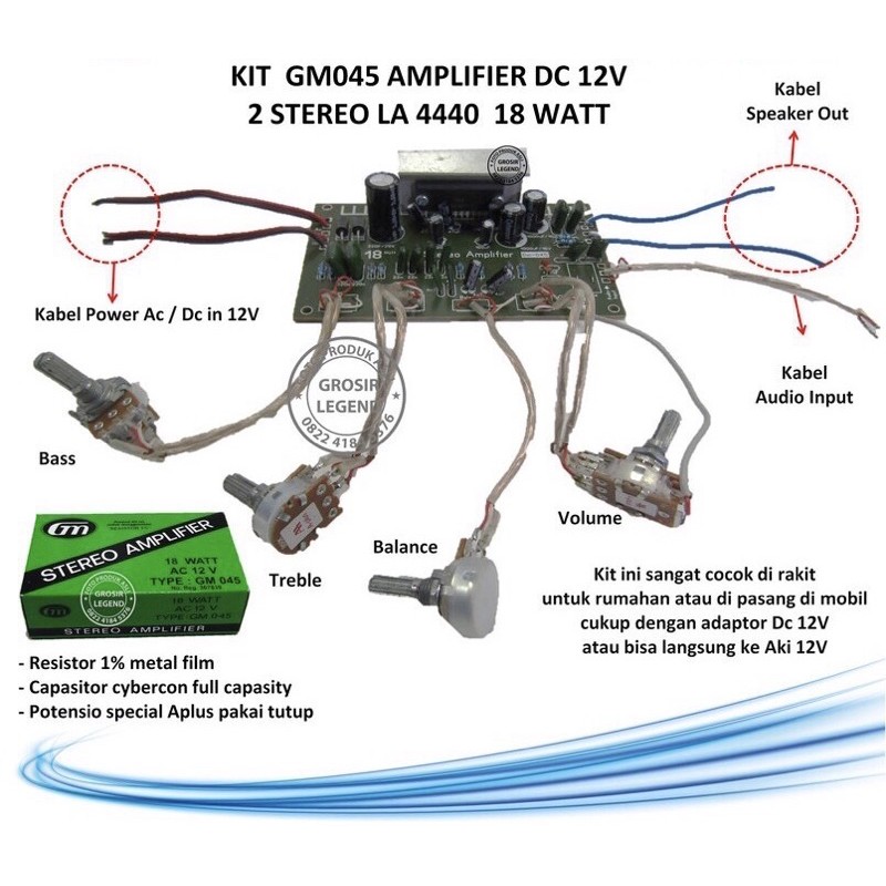 Kit amplifier DC 12V 2 stereo LA 4440 18W GM 045