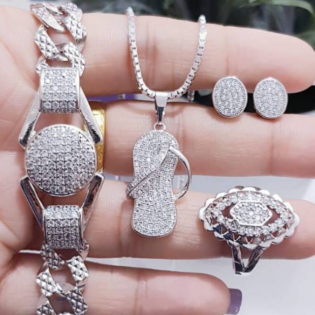 Xuping set perhiasan kalung sendal anting gelang cincin lapis emas putih 1311