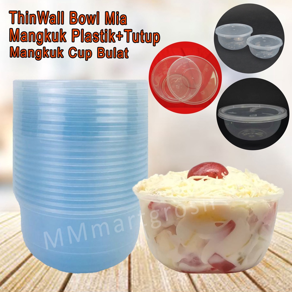 ThinWall Bowl Mia / Mangkuk Plastik+Tutup / Mangkuk Cup Bulat / Isi 12pcs