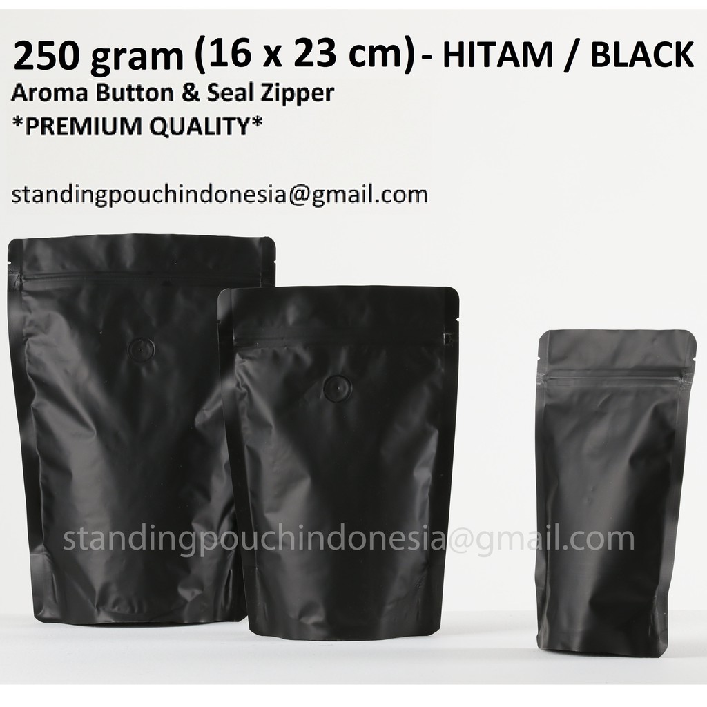 

Kemasan Kopi Standing Pouch 250g (50PCS) (VALVE + ZIPPER) HITAM *PREMIUM*
