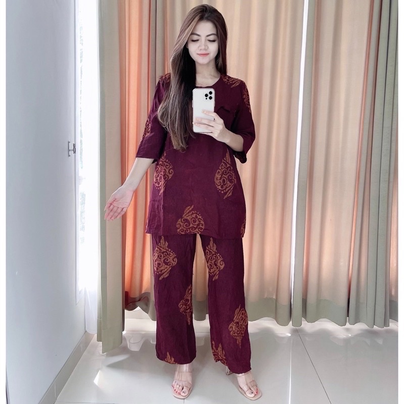 PIYAMA BATIK CAP SETELAN CELANA PANJANG-Ungu Gelap