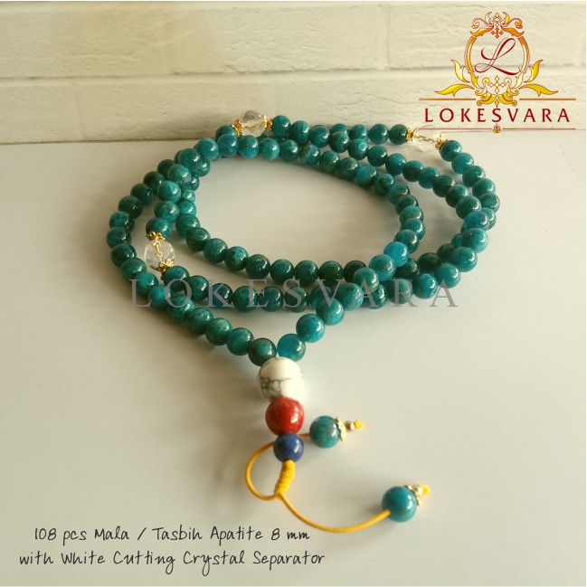 Mala Tasbih Buddha Batu Kristal Apatite 8mm With White Cutting Crystal