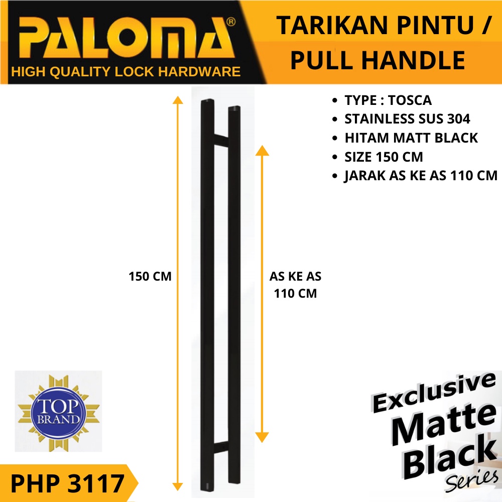 PALOMA PHP 3117 PULL HANDLE  TOSCA TARIKAN GAGANG PINTU 1500 MM HITAM BLACK MATT 150 CM KOTAK