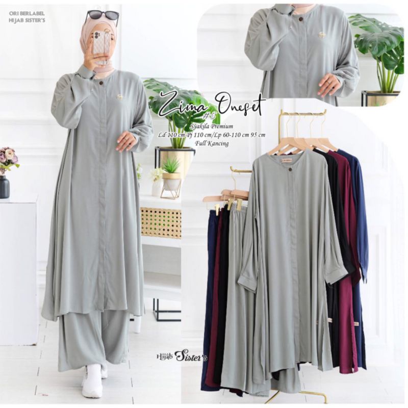 Zima one set tunik dan kullot LD 110 bahan syakilla | setelan busana muslimah ori hs