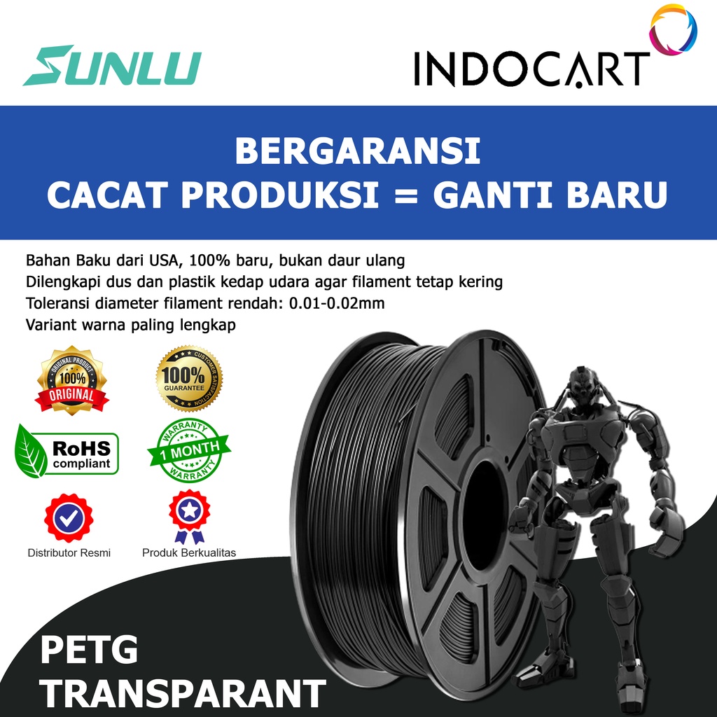 INDOCART Tinta Filamen 3D Printer Filament INDOCART PETG Transparant 1.75mm 1kg