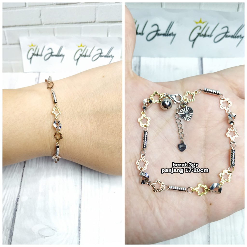 GELANG TANGAN KOMBINASI 3 WARNA BINTANG GOLD PERAK ASLI S925 GLOBAL JEWELLERY CK016