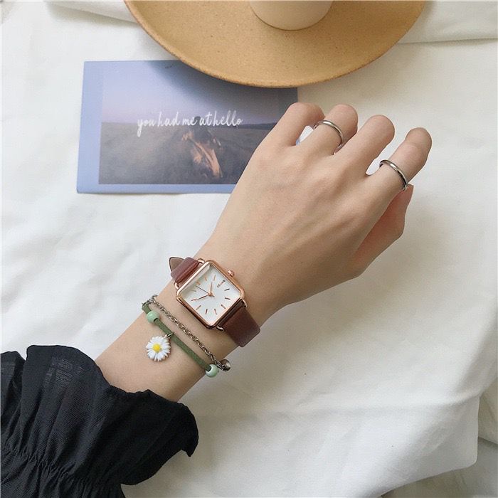 Jam Tangan Quartz Strap PU Analog Casual Gaya Retro Wanita Persegi Watch Korean Fashion RM029-COKLAT