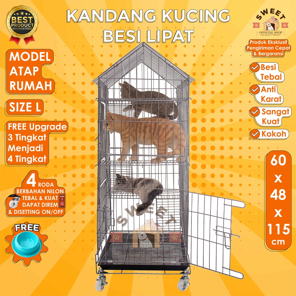 KANDANG KUCING TINGKAT 4 RODA REM SIZE L 60x48x115 -MODEL ATAP RUMAH -SUPER TEBAL IMPORT HIGHQUALITY-7