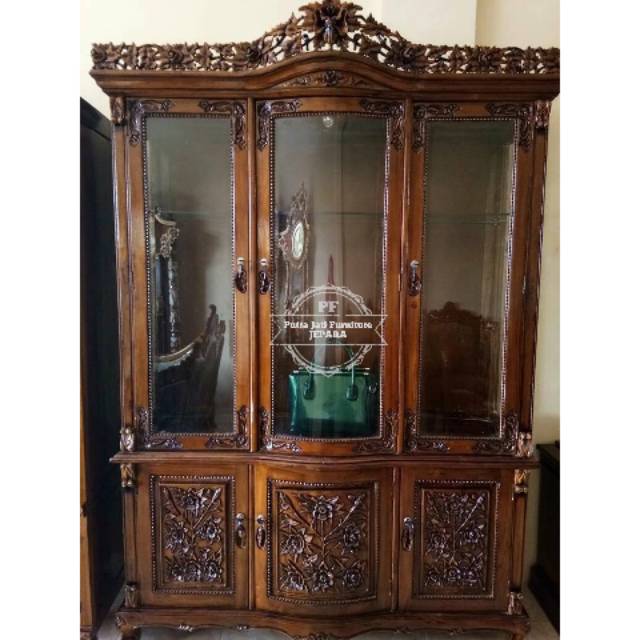 Lemari Penyekat Ruang Tamu Kayu Jati - Almari Kaca - Rak Bufet Ukir Jepara