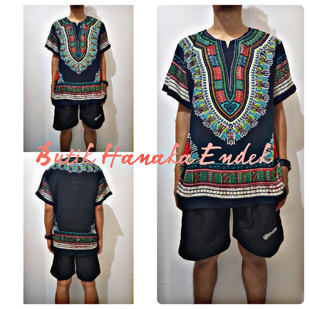 Baju dan Celana Pendek Setelan  Etnik Dashiki Hitam Pria/Wanita (Unisex)