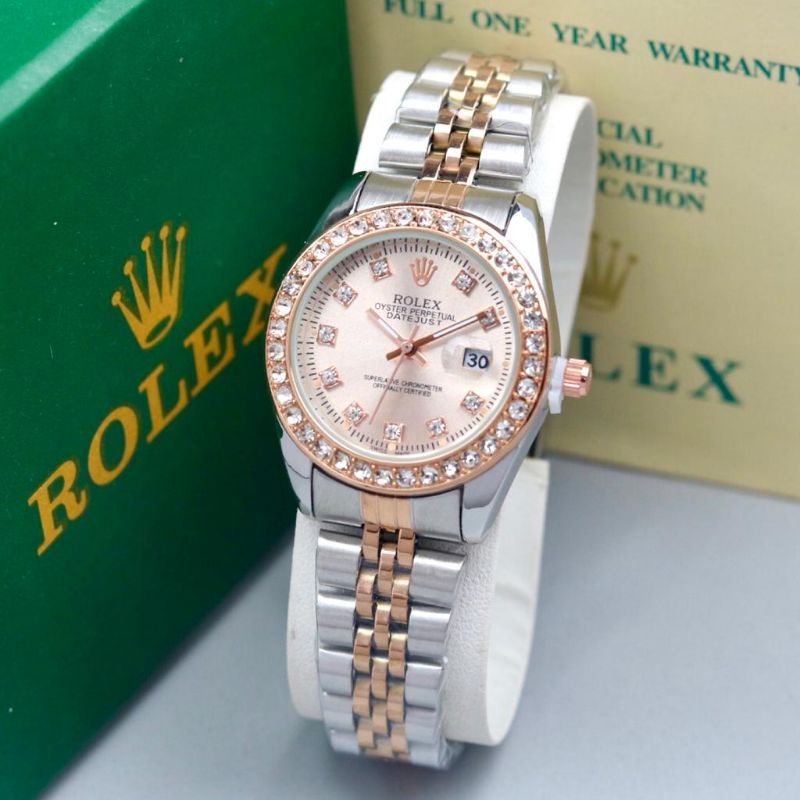 Original COD JAM TANGAN WANITA ROLEX RANTAI DIAMOND TGL AKTIF UKURAN MINI JAM TANGAN FASHION Premium
