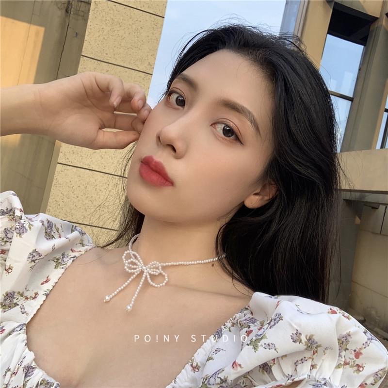 IFYOU Korean Fashion Bowknot Necklace Ladies Pearl Chain Choker Women Jewelry Accessories