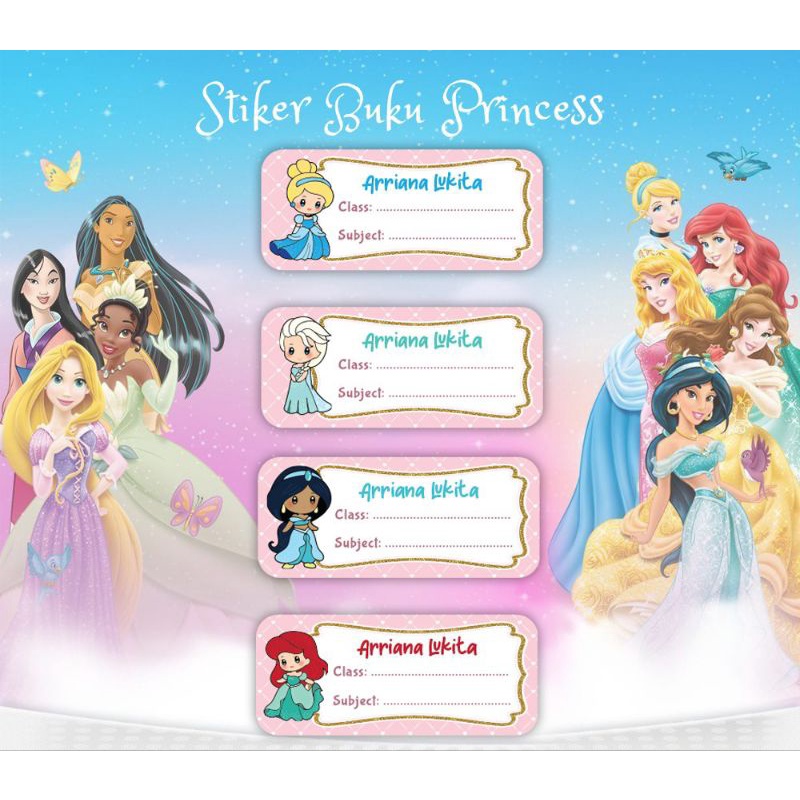 

PO 3 hari (Bentuk Kotak) Sticker Label Nama Anak untuk di tempel di buku tulis atau buku pelajaran gambar Disney princess elsa jasmine ariel Cinderella