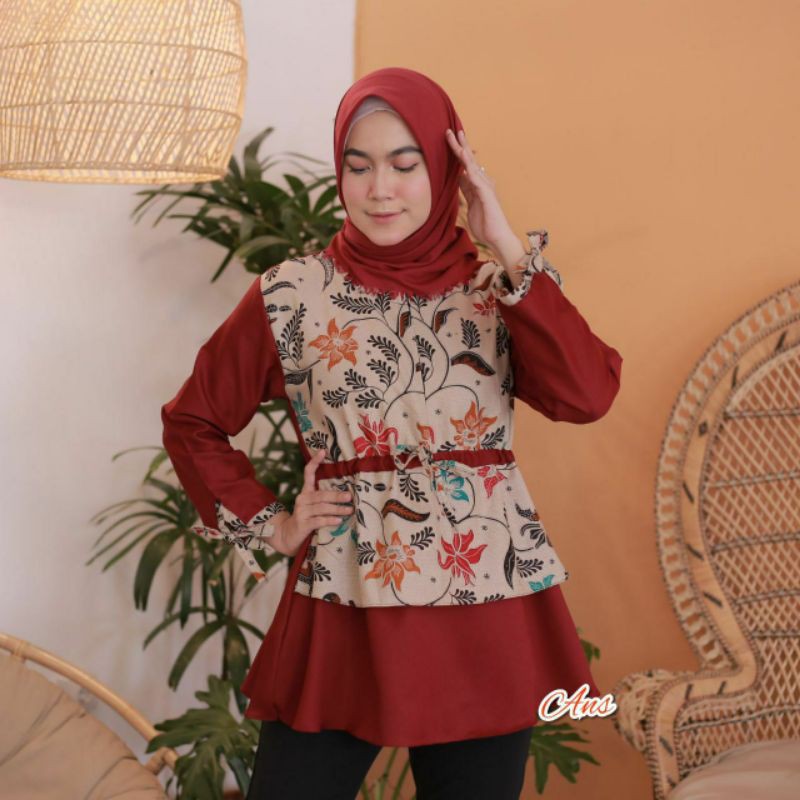 tey-17 Batik Wanita ASJ SA HRB026 Kenogo Kemeja Tosca Pendek-Salju maroon