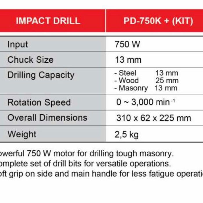 Ryobi PD-750K Impact Drill Power Kit Mesin Bor 13mm Beton