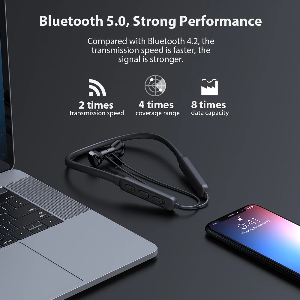 Earphone Leher Neckband Bluetooth 5.0 Sweatproof Microphone WSH0537