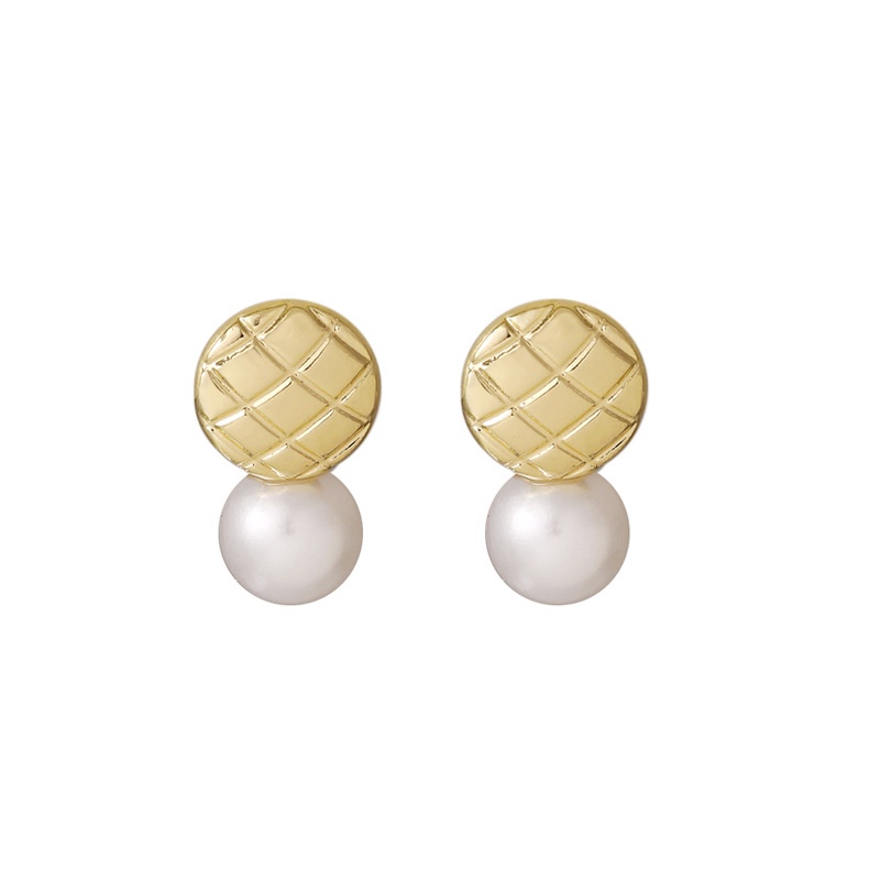 Bahasa Perancis anting-anting Plaid mutiara bulat retro anting-anting anting-anting sederhana anggun
