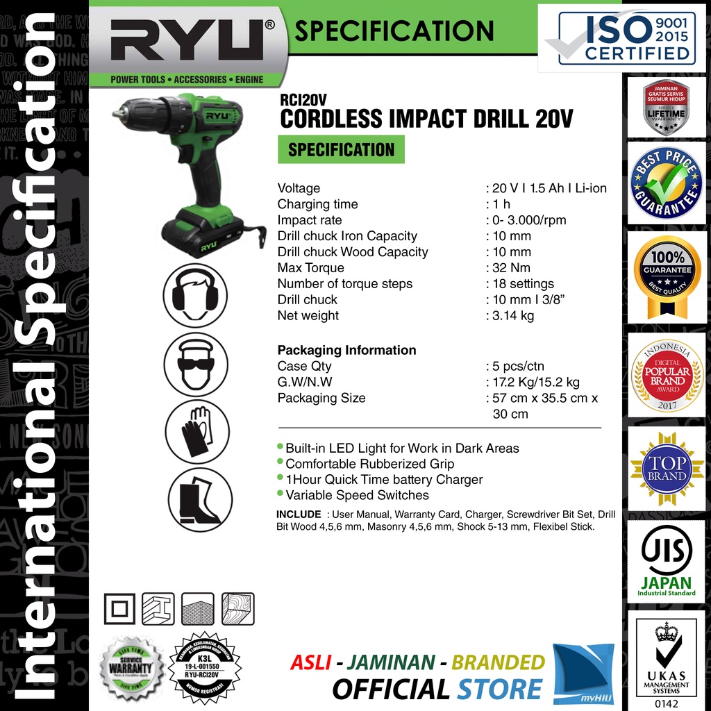 Mesin Bor Tanpa Kabel 20 Volt 3/8&quot; Inch PUKUL + LED + Koper + Mata Bor - Impact Cordless Drill RYU