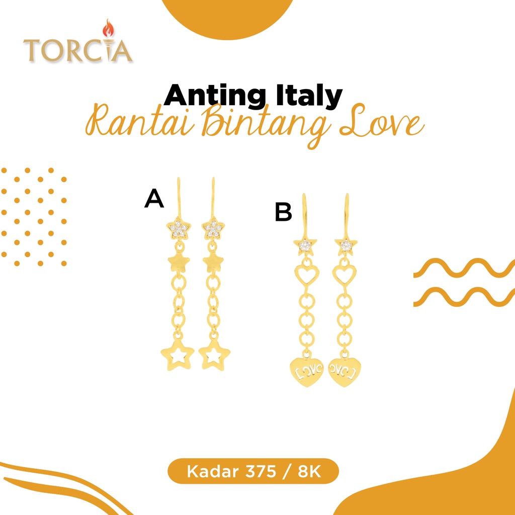 Anting Italy Emas Asli Rantai Bintang Love Kadar 375 Torcia