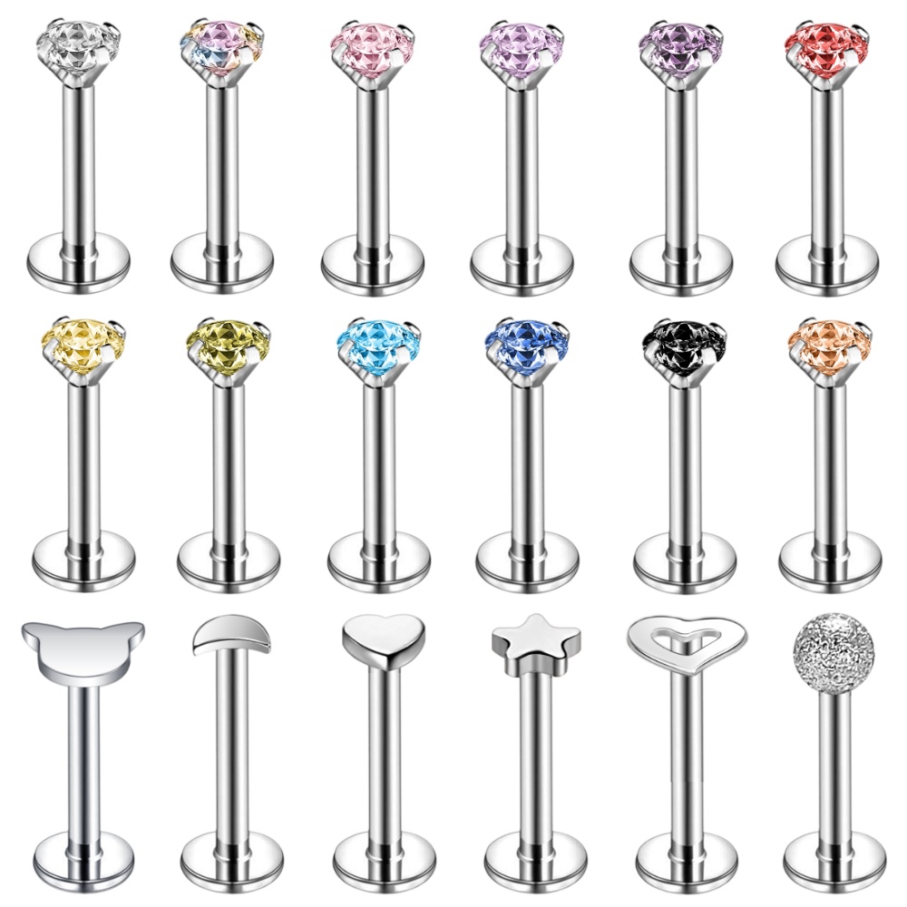 1pc Anting Stud Tindik Bibir Bahan Stainless Steel 16g Hias Kristal Warna-Warni Anti Alergi