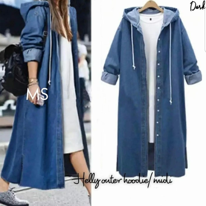 Fashion Wanita Kekinian Long Coat Hoodie Jeans Helly - Biru, L